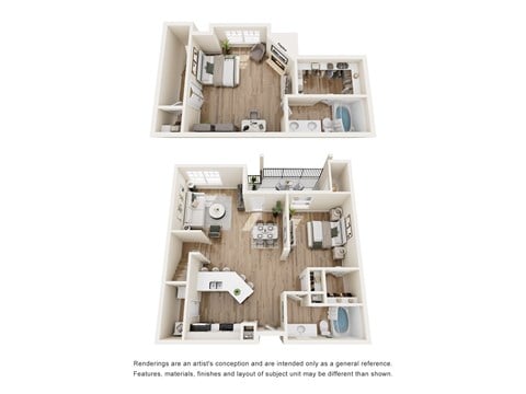 Two images of a dollhouse interior with furniture and appliances.